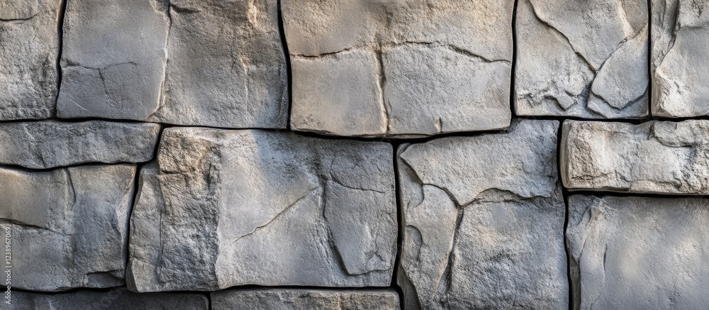 Poster textured stone wall surface with visible cracks and irregular shapes, grey tones, suitable for archi