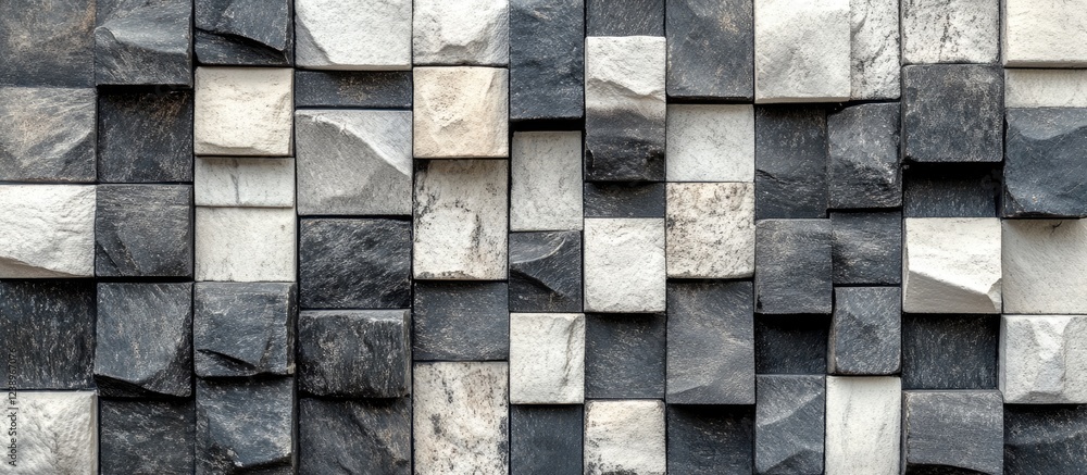 Poster Textured wall made of varied sizes of black and white stones in a geometric pattern with natural surface variations and copy space