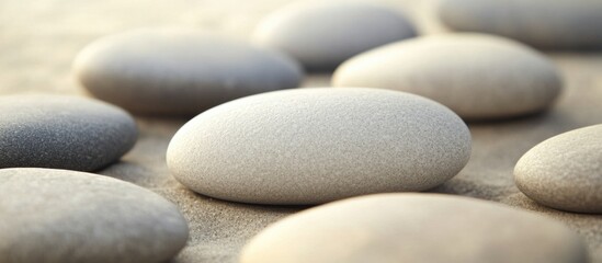 Smooth pebbles arranged on sandy surface with soft light and blurred background for natural design or spa concepts Copy Space