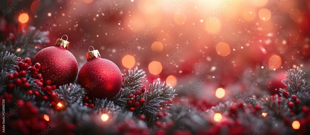 Poster christmas ornaments on pine branches with red berries and blurred warm lights in background, festive
