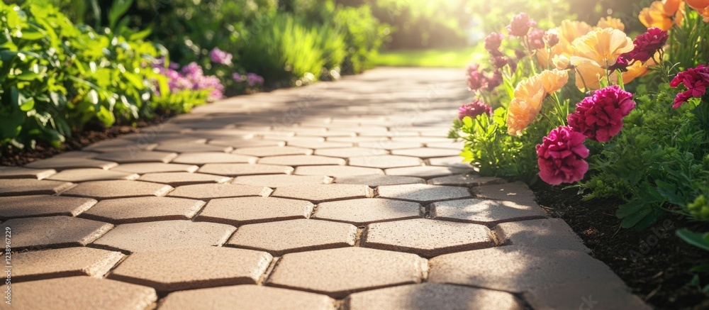Poster hexagonal paved pathway surrounded by colorful flowers in a lush garden with soft lighting and copy 