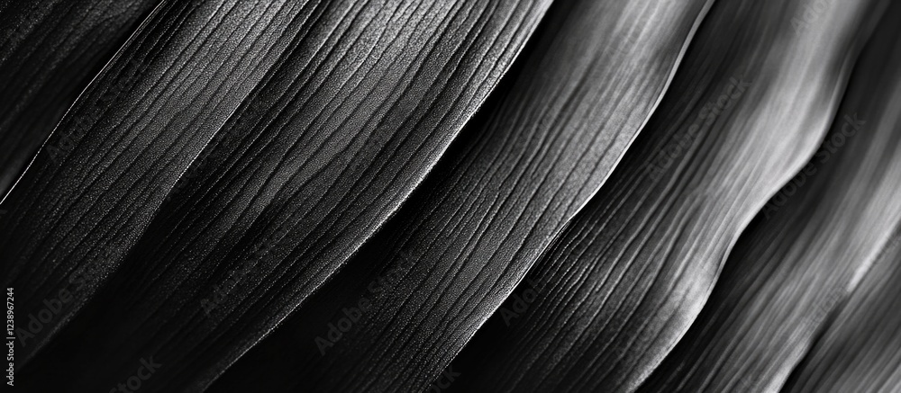 Poster Black and white close-up of textured wavy leaves with detailed lines and curves suitable for backgrounds and abstract concepts Copy Space