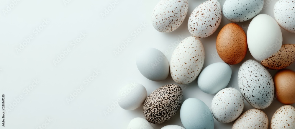 Poster assorted decorative eggs in various colors and patterns arranged on a white background with copy spa