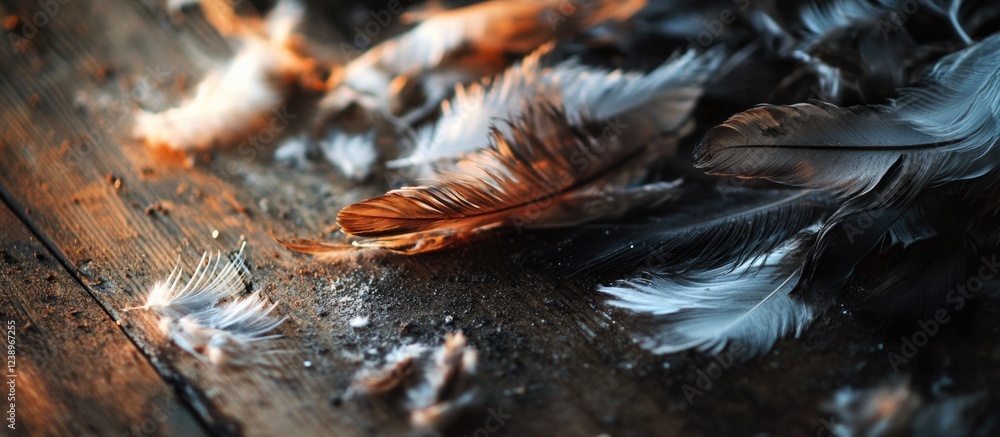 Aufkleber Close-up of colorful bird feathers scattered on a wooden surface with soft lighting and dust particles visible Copy Space