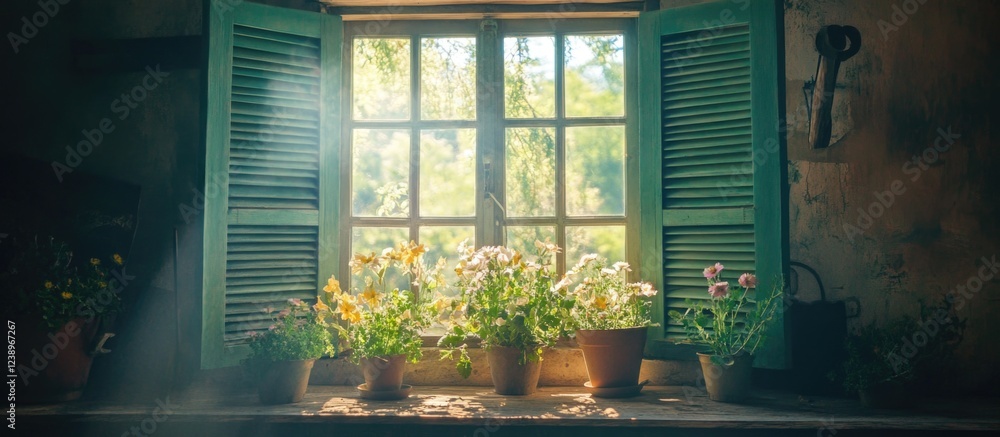 Aufkleber sunlit rustic window with green shutters and blooming flower pots in a cozy indoor setting with soft