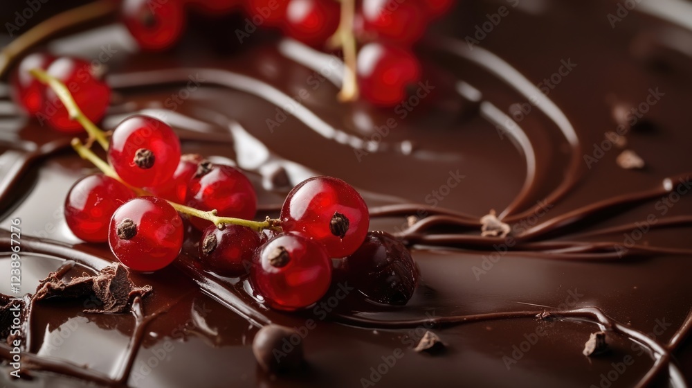 Poster red currants on glossy dark chocolate with swirls and chocolate shavings in a close-up composition w
