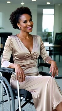 Vertical video of Elegant businesswoman smiling in wheelchair in modern office