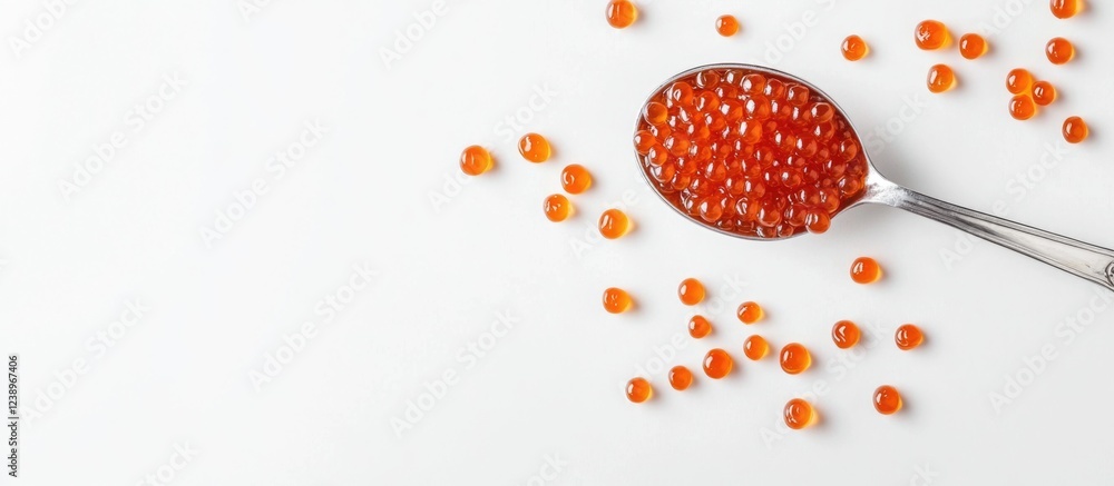 Poster spoon with salmon roe on a white background with scattered caviar or fish eggs and copy space for te