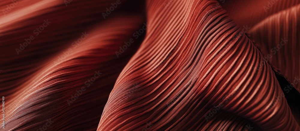 Poster textured pleated fabric in warm reddish brown tones with soft folds and layers suitable for backgrou