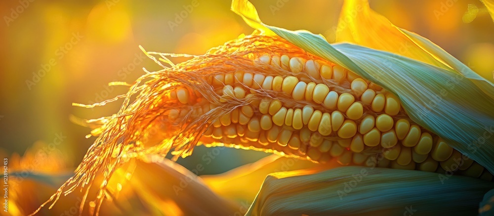 Poster close-up of ripe corn on the cob with golden sunlight in a blurred background and lush green leaves 