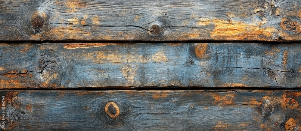 Poster weathered wooden planks with blue paint peeling and rustic texture ideal for background or decorativ