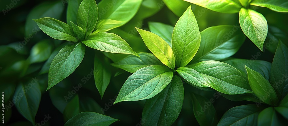 Poster Green leaves with intricate textures and vibrant colors in a natural setting providing ample Copy Space for text overlay