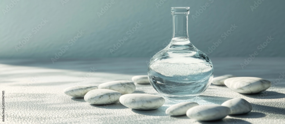 Aufkleber Glass flask with clear liquid surrounded by smooth white stones on light textured surface with soft shadows and neutral background