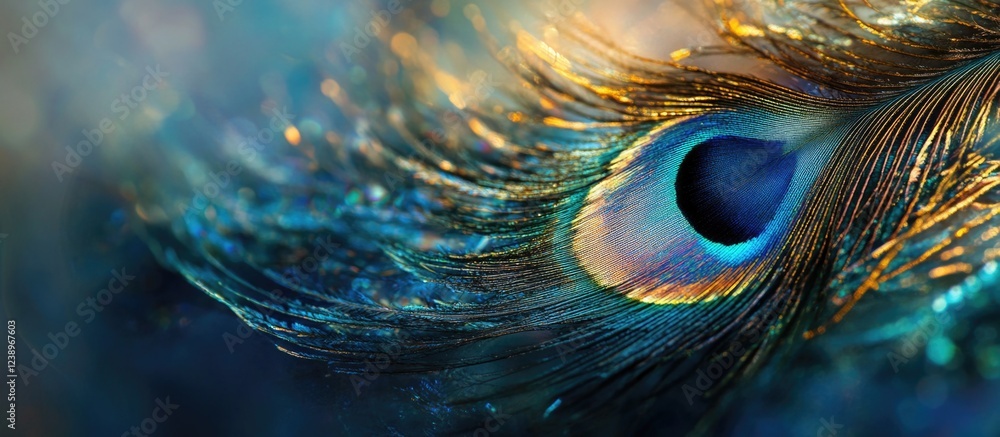 Poster Close-up view of a peacock feather showcasing intricate patterns and vibrant colors with blurred background and Copy Space.