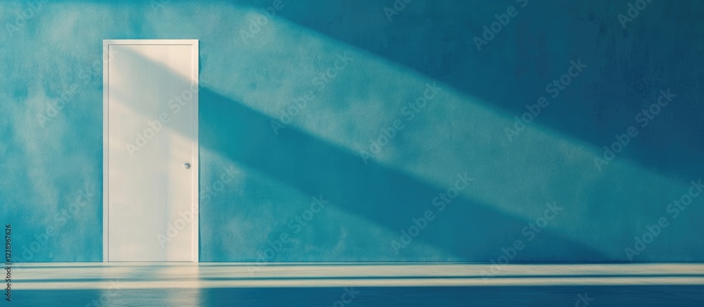 Poster Interior with a white door on a blue wall casting long shadows and light patterns on the floor with ample Copy Space.