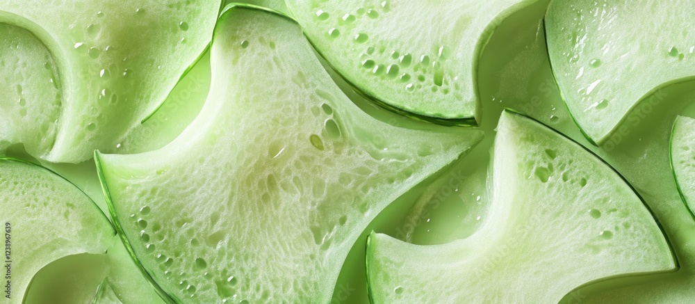 Poster sliced cucumber pieces arranged in overlapping pattern with water droplets on surface, vibrant green