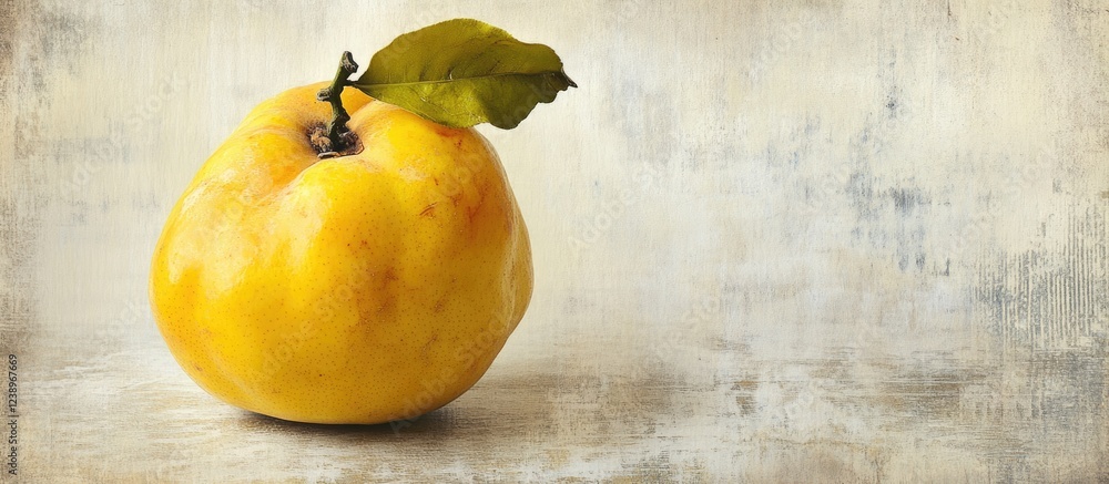 Poster single ripe yellow quince fruit with green leaf on textured background with ample copy space for tex
