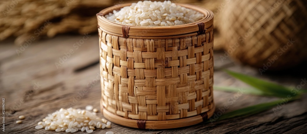Poster bamboo woven basket filled with uncooked white rice on rustic wooden surface with grains scattered a