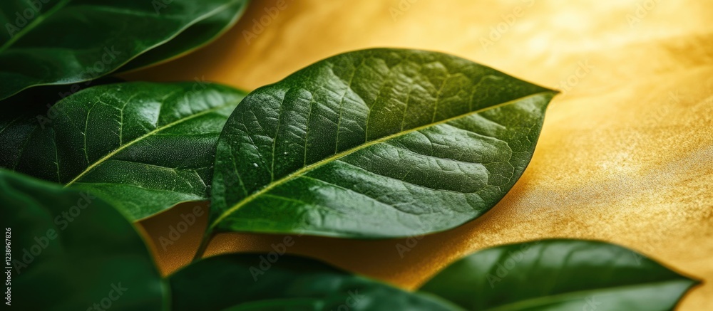 Poster green leaves on a soft golden background showcasing texture and details with copy space for text pla