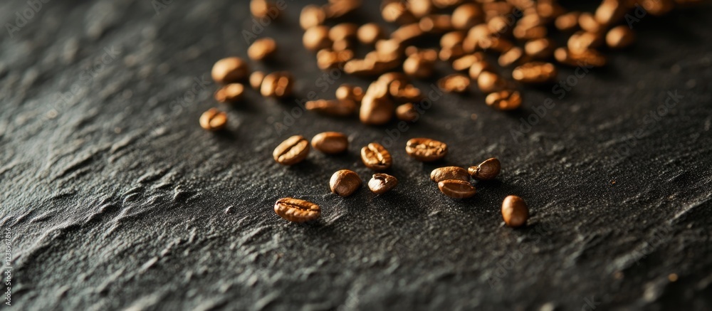 Poster roasted coffee beans scattered on dark textured surface with focus on details and copy space for tex