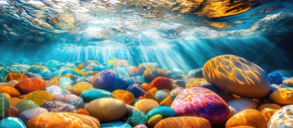Aufkleber Colorful pebbles submerged under clear water with rays of sunlight creating patterns on the surface and reflections in the water Copy Space