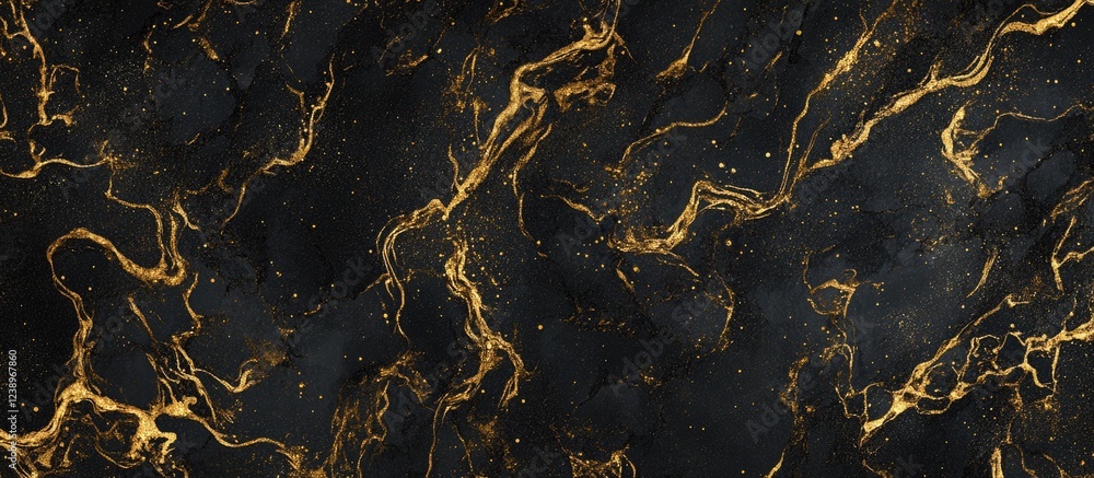 Poster black and gold marble texture with fluid patterns and glittering accents ideal for background design