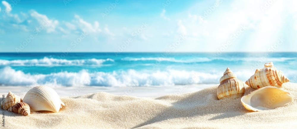 Poster seashells on sandy beach with ocean waves and clear blue sky in background copy space