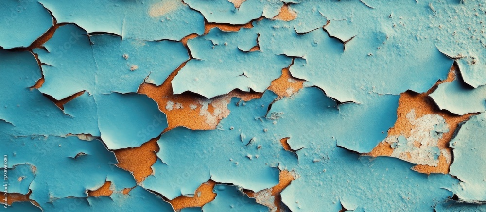 Aufkleber Peeling blue paint on weathered surface creating abstract texture with hints of orange background suitable for backgrounds or design projects
