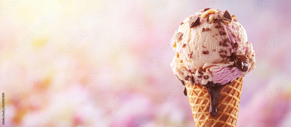 Poster ice cream cone with chocolate and strawberry flavors on a blurred pastel background with copy space
