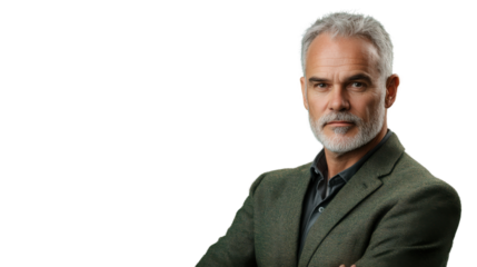 Confident senior businessman with crossed arms on transparent background