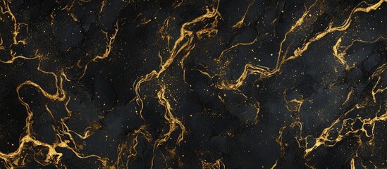 Black and gold marble texture with fluid patterns and glittering accents ideal for background design and copy space