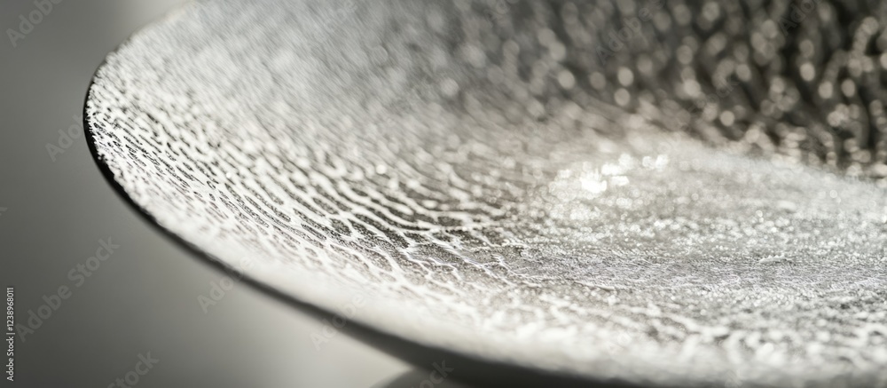Poster close-up of textured metallic plate with intricate patterns and reflections on a smooth surface copy