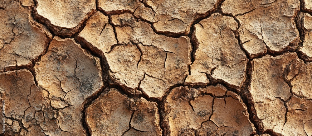 Poster cracked dry earth surface showing patterns of desiccation and soil erosion suitable for environmenta
