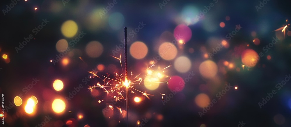 Poster sparkler against a blurred colorful bokeh background with lights and soft focus copy space