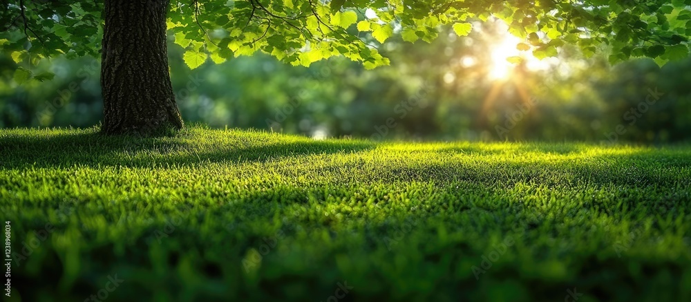 Poster Sunlight filtering through leaves of a tree onto lush green grass in a tranquil garden setting Copy Space