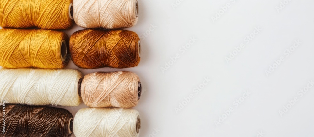 Aufkleber Colorful spools of thread arranged in stacks on a white background with ample copy space for text placement