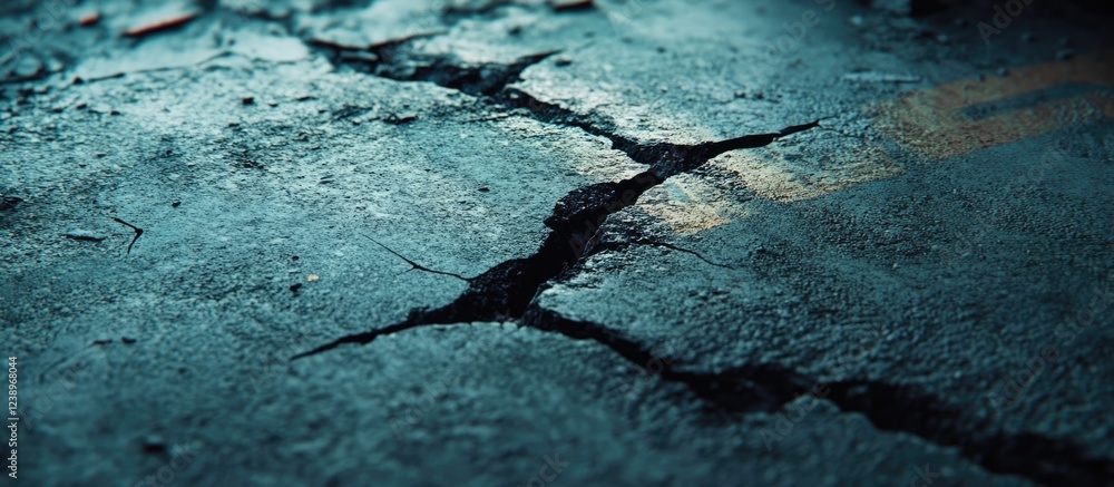 Poster Cracked pavement surface with deep fissures and dark wet texture illuminated by ambient light Copy Space