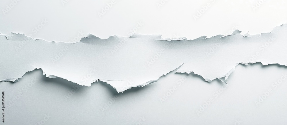 Poster torn edge of white paper on a smooth gray background with textured details and ample copy space for 