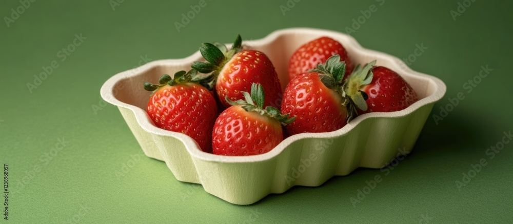 Aufkleber Fresh strawberries arranged in a biodegradable container on a green surface with even lighting and ample Copy Space for text insertion