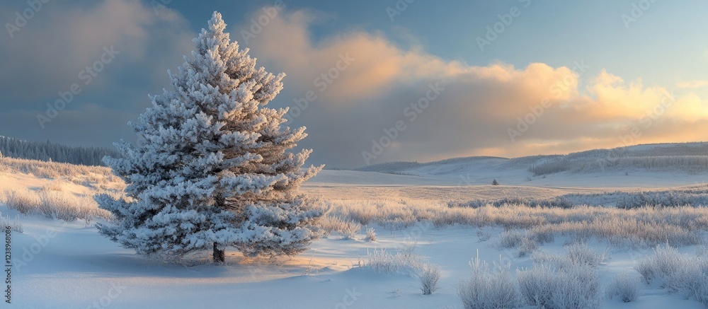 Aufkleber Snowy landscape featuring a single frosted evergreen tree with a backdrop of rolling hills and a colorful sky at dawn Copy Space