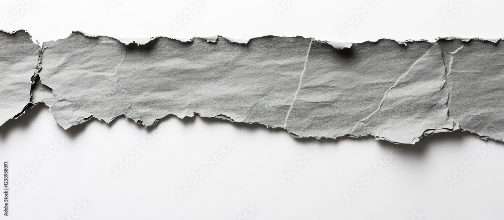 Poster torn gray paper strip with a textured surface on a clean white background copy space