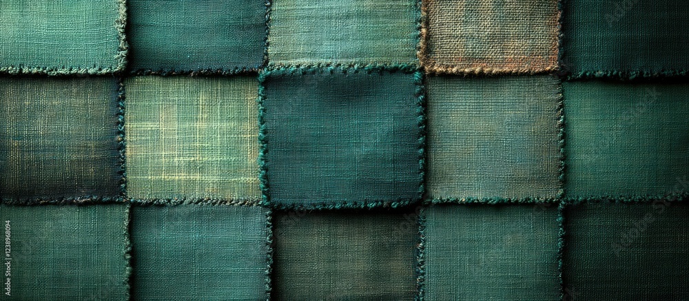 Poster Textured patchwork fabric in shades of green with varied weaving patterns and edges, ideal for textile backgrounds, Copy Space available