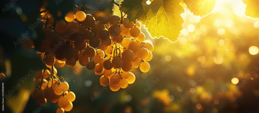 Poster Golden grape clusters illuminated by sunlight in a vineyard with green leaves and a blurred background Copy Space
