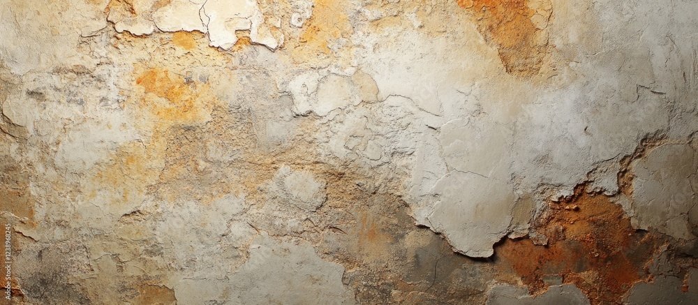 Poster textured wall surface with peeling paint and rust spots in earthy tones suitable for backgrounds or 