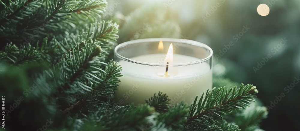 Poster Candle burning surrounded by evergreen branches with soft lighting and blurred background creating a cozy atmosphere Copy Space