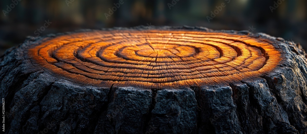 Aufkleber Close-up view of an illuminated tree stump with visible growth rings and textured bark in a forest setting Copy Space