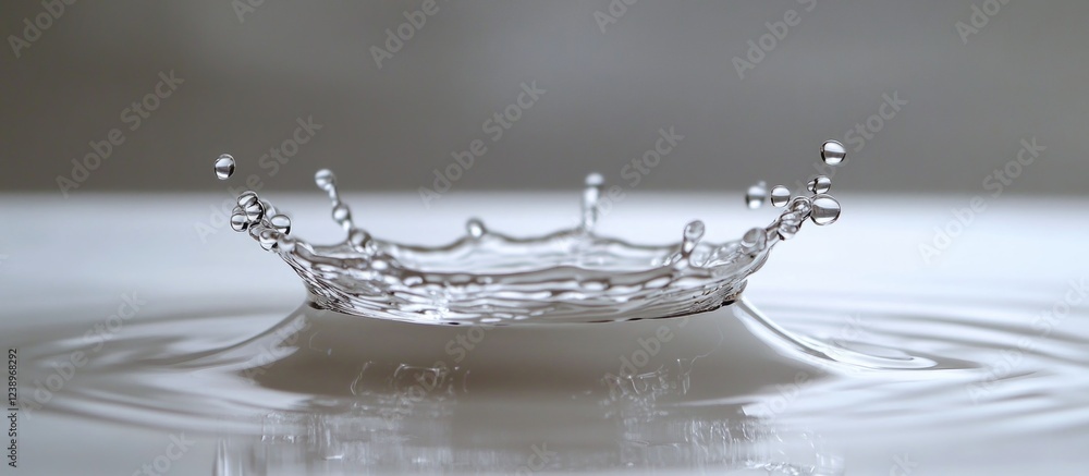 Aufkleber Water splash with clear droplets creating a crown shape on surface with ripple effects and soft background Copy Space