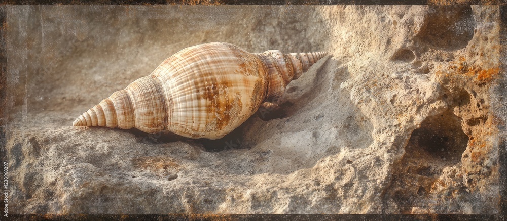 Poster spiral seashell on rocky surface with textured background and warm tones suitable for natural still 