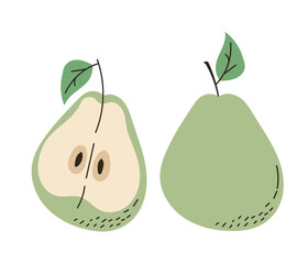 One and half cartoon green pear. Vector illustration of pear, isolated on white background.