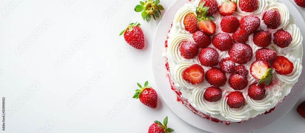 Poster strawberry cake topped with whipped cream and fresh strawberries on a white background with addition